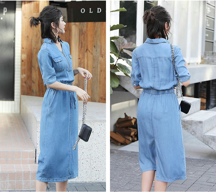 ĐẦM JEAN XÒE CỔ SƠ MI EO THUN